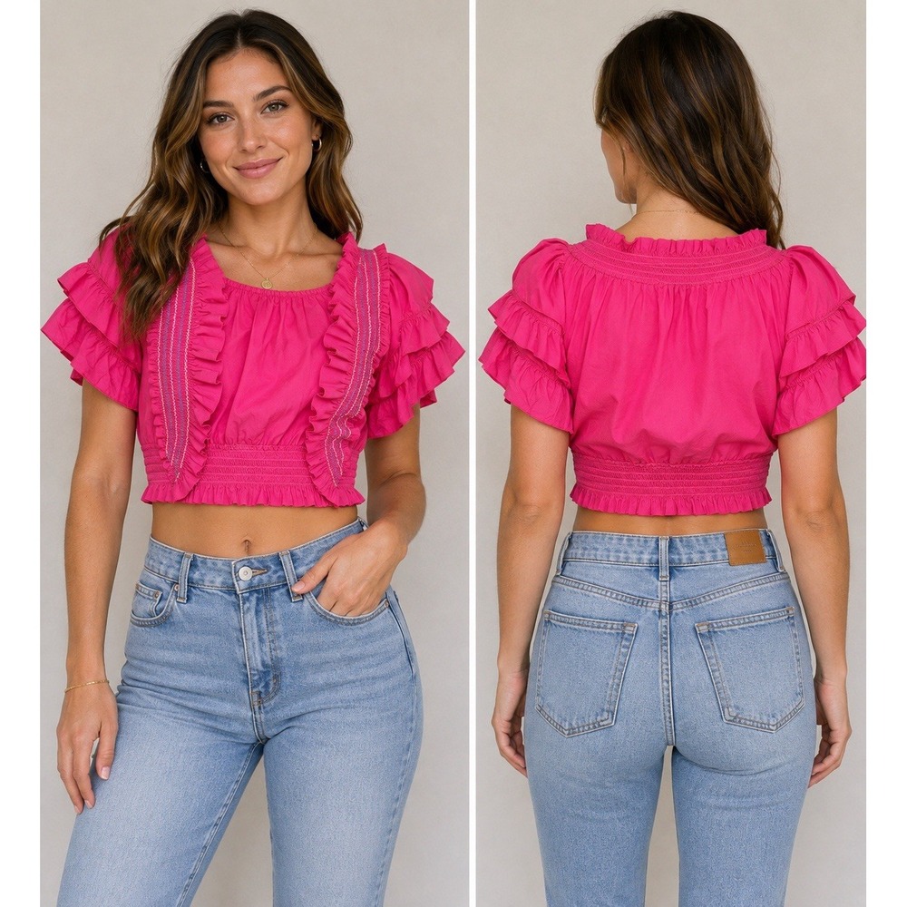 OBJEX Vintage 80s Hot Pink Ruffle Smocked Crop Top Blouse USA Small